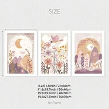 Set Of 3 Cute Boho Flower Moon Sun Wall Arts Canvas Prints, Rama Decor, Wildflower Girls Room Decor Posters, Butterfly Floral Wall Decor, Neutral Soft Mauve Wall Art, Ideal Gift For Living Room, Bedroom, Office, Hallway, Home And Room Decoration, Unframed Rama Gifts Birthday Graduation