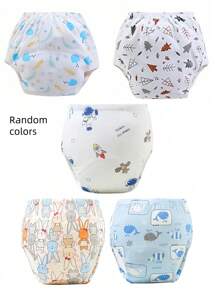 1条婴儿训练裤，可水洗尿布套，婴儿如厕训练布尿布，透气尿布套（图案随机）。训练裤用于过渡阶段：其吸水性弱于一次性尿布，让宝宝感受到尿湿带来的不适感，从而主动表达如厕需求。它介于一次性尿布和普通内裤之间，不能替代一次性尿布。