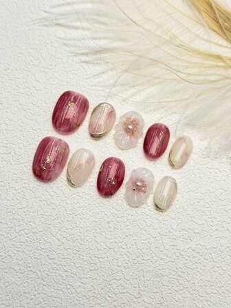 10 Pieces/Set Diy Handmade Simple And Varied Hand-Painted Flowers Pattern With Pearly Decoration, Japanese Light Luxury Shell Gold Foil With Almond Shape Gentle And Elegant Style Manicure, Including 1 Gel And 1 Nail File, Perfect For Daily Life And Party Clothing Patch Nail Supplies Press On Nails Nails