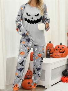 Women's Halloween Pajamas Set Ghost Pumpkin Print Long Sleeve Round Neck Tops With Elastic Waist Long Pants Loungewear - Grey - View 1