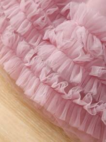 Baby Girl Buttoned Open Back Silk Pleated 3D Bow Ruffles Decor Tulle Sleeveless Pink Dress - Dusty Pink - View 9