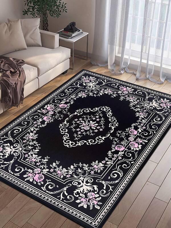 1piece Vintage Style Rug, Black Printed Bohemian Traditional Polyester Rectangle Area Rug, Easy To Clean And Wash, Suitable For Living Room, Hallway, Bedroom, Office, Kitchen, Home Decoration In Farmhouse Style ,Room Decor