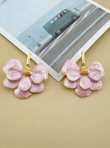 2pcs Enamel Pink Floral Earrings, French Gentle And Elegant - Plated Exaggerated Earrings - Multicolor - View 13