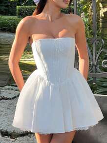 Women's Corset Mini Dress Strapless Lace Trim Solid Color Tube Top Dress Short Party Dress - 白色 - 查看 4