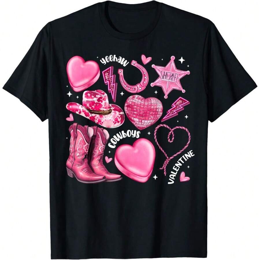 Valentine Day Western Cowgirl Cowboy Xoxo Heart T-Shirt, Women's Loose Fit Drop Shoulder T-Shirt