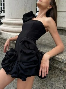 Movable Asymmetrical Neck Mini Cloud Feeling Design Dress For Graduation, Party, Outing, Couple Dating, Wedding Guest Dress, For Cocktail - Black - View 4