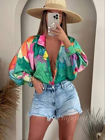 女士灯笼袖宽松时尚优雅度假风格衬衫