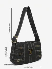 1pc Women's Vintage Y2K Western Distressed Maillard Leather Shoulder Underarm Bag, With Metal Decor, Adjustable Strap, Suitable For Street, Dating, Party - màu đen - Xem 9