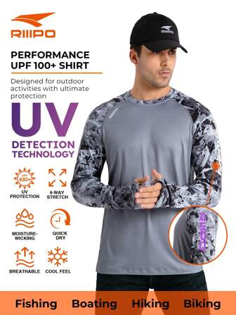 RIIIPO Spring And Summer RIIIPO Men's UPF 100+ Sun Protection Shirt With UV Detection Technology, Performance Fishing Shirt, Round Neck, Active Sweat Wicking, Rapid Drying, Breathable, 4-Way Stretch, Light Weight, Wrinkle Resistant, Extended Long Sleeves, Outdoor Sports Rash Guard, Thumbholes, Built-In Microfiber Lens Cleaner, Suitable For Beach, Boating, Hiking, Hunting, Water Sports
