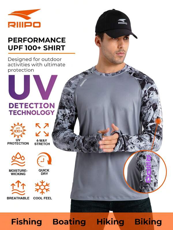 RIIIPO Spring And Summer RIIIPO Men's UPF 100+ Sun Protection Shirt With UV Detection Technology, Performance Fishing Shirt, Round Neck, Active Sweat Wicking, Rapid Drying, Breathable, 4-Way Stretch, Light Weight, Wrinkle Resistant, Extended Long Sleeves, Outdoor Sports Rash Guard, Thumbholes, Built-In Microfiber Lens Cleaner, Suitable For Beach, Boating, Hiking, Hunting, Water Sports