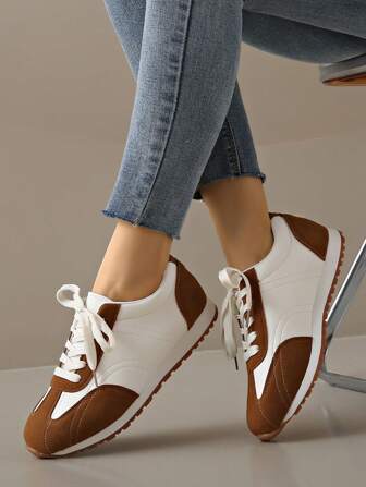 全新 女式 棕色 拼接 厚底运动鞋 时尚 圆头 系带 休闲 户外鞋