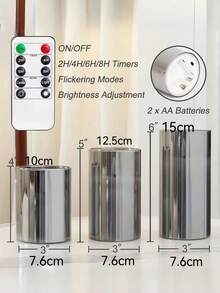 3pcs Battery Operated LED Flameless Candles, Plastic Wax Pillar Candles With Remote Control And Timer, Battery Powered Candles (Grey) - Grey - View 7