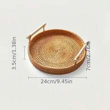 1pc Wooden Handle Round Wooden Tray, Wicker Basket, Bread & Food Platter, Fruit & Cake Plate, Dinner Tray, Handmade Rattan Tray, Trivet, Rattan Decor, Food Storage Tray, Kitchen Supplies - Ginger - View 9