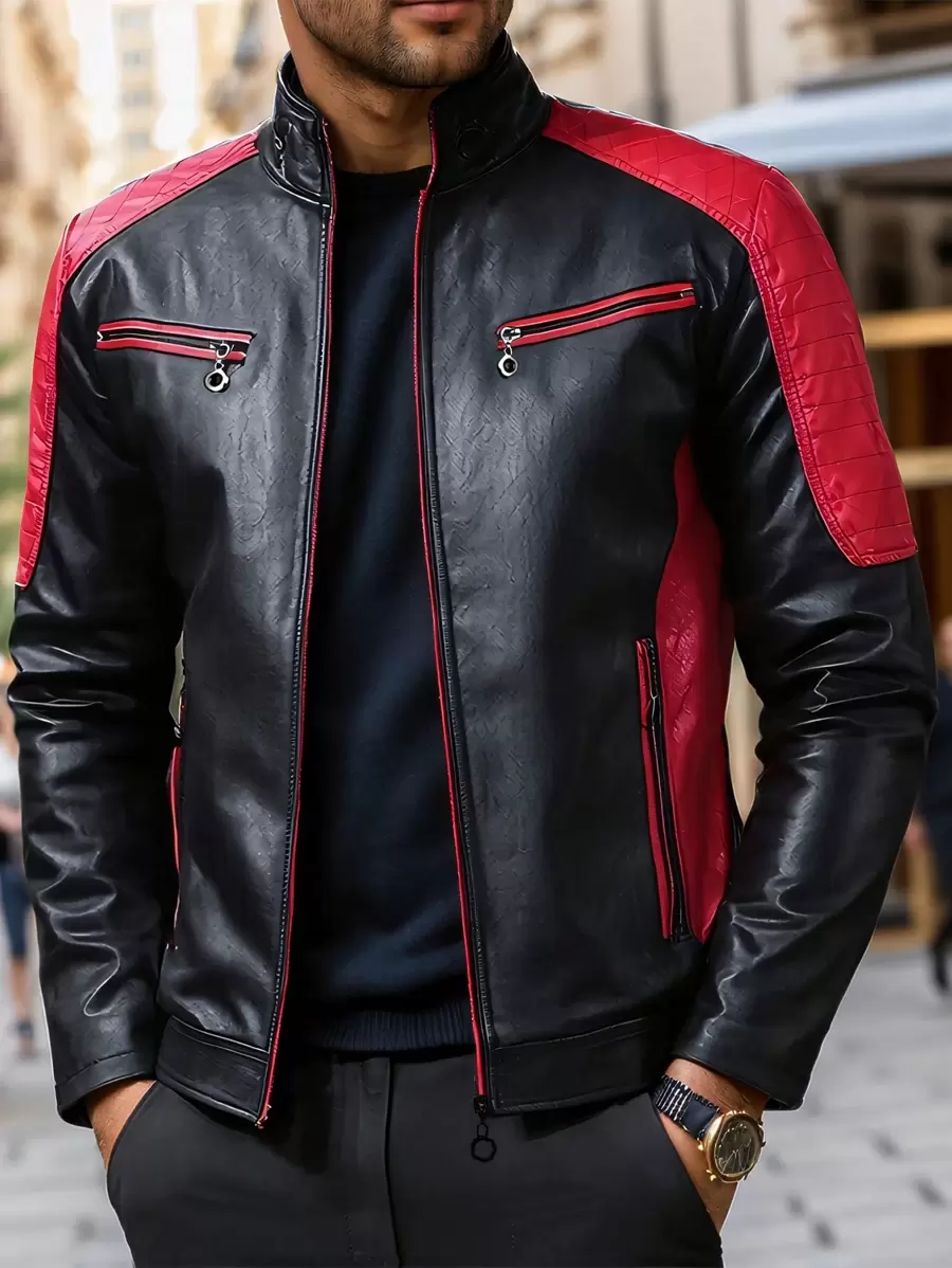 Motorcycle Style Men's Stand Collar Zipper Jacket, High-Quality PU Leather Material, Versatile Fashion Jacket For Spring And Autumn,Fleece,Winter - Black - View 1
