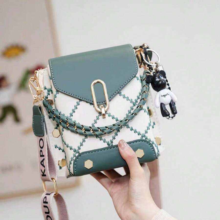 Women's Crossbody Bag With Miniature Geometric Pattern And Faux Pearl Decoration Portable Money Bag - 綠色 - 查看 1