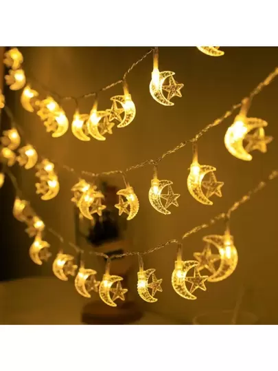 1 pieza Luces de cadena de estilo bohemio de 1,5 m/3 m/6 m, 10/20/40 luces LED de plástico con forma de luna y estrella, alimentadas por batería (sin enchufe), adecuadas para festivales