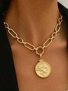 1pc Minimalist Turquoise Thick Carved Portrait Decor Hammer Texture Pattern Creative Thick Jewelry Gold Silver Dual-Tone Chain Handmade Strap Pattern Necklace Pendant Necklace Classic Jewelry Luxury Girl Accessory Party Gift For Friend