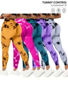 QGU 5-Pack High Waist Tummy Control Yoga Pants For Women, Summer Tie.Dye Fitness Leggings, Stretchy Running Peach Lift Workout Tights,Assorted Colors - 舊款墨綠色+舊款粉+蔚藍色+暗紫羅蘭+橘色 - 查看 1