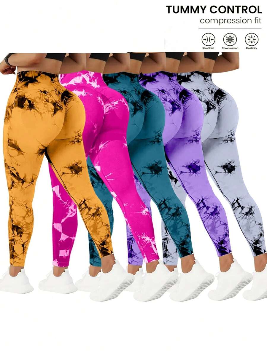 QGU 5-Pack High Waist Tummy Control Yoga Pants For Women, Summer Tie.Dye Fitness Leggings, Stretchy Running Peach Lift Workout Tights,Assorted Colors - 舊款墨綠色+舊款粉+蔚藍色+暗紫羅蘭+橘色 - 查看 1
