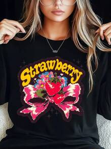 Women's Plus Size T-Shirt Street Retro Style Bow Strawberry Flower Print Fashion Long Sleeve Round-Neck Loose Fit Tee Casual Streetwear - Black - View 1