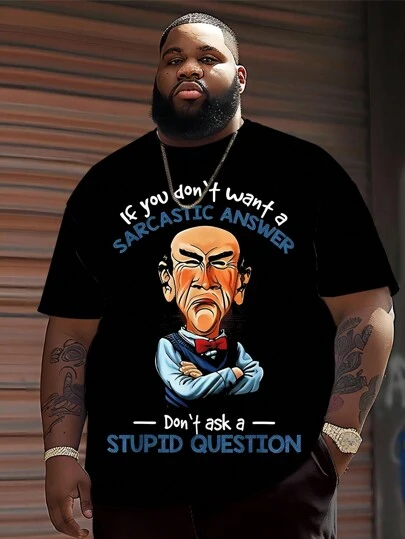 Plus Size Men's Old Man Graphic T-Shirt, Polyester Knit Fabric, Round Neck, Casual Fit, Unique Graphic Design