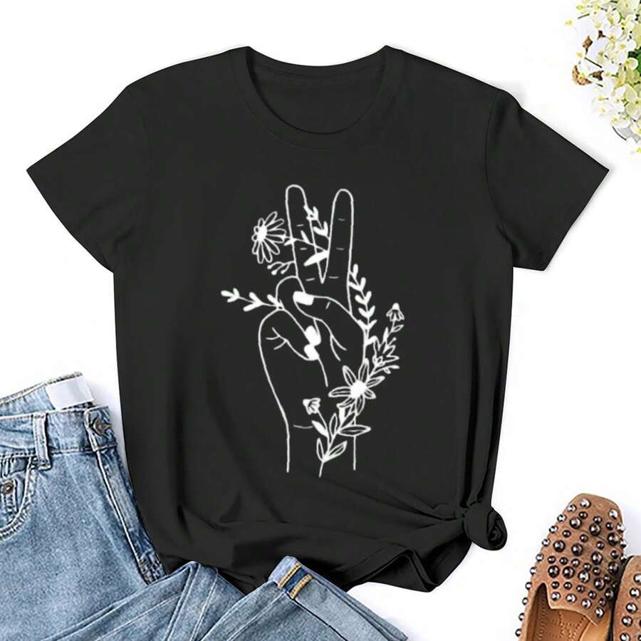 Women Flower Two Hand Fingers Peace Sign T Shirts Shirt Short Sleeves T Shirt Casual T Shirts Novelty Shirt Graphic Tees Clothes Top - 黑色 - 查看 1