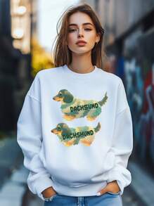 Women'sCartoon Cute Style Dog Dachshund Knitted Sweater Print Sweatshirt Pullover Fall Loose Fashion Long Sleeve Crew Neck Sweatshirt Casual Comfy Clothes