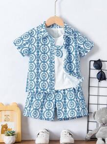 Set de 3 piezas (Camiseta + Camisa + Pantalones cortos) para niño pequeño para vacaciones, con estampado retro azul y blanco, atuendo casual de verano, adecuado para niños de 4 a 7 años, primavera/verano