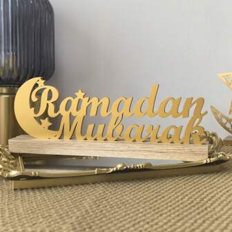 1 stuk houten Ramadan decoraties islamitische Eid Mubarak Kareem tafelbord maan holle ster ornament voor moslimfeest tafeldecoratie huis kunst ambacht decoratie gouden