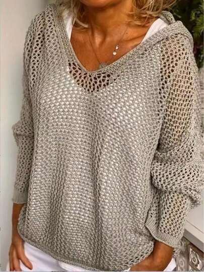 Women's Hollow Out Hooded Pullover Sweater, Versatile Long Sleeve Knit Sweater, Suitable For Halloween And Christmas