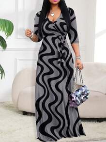 2026 Women's V-Neck Cinched Waist Dress, Spring/Summer - Grey - View 9