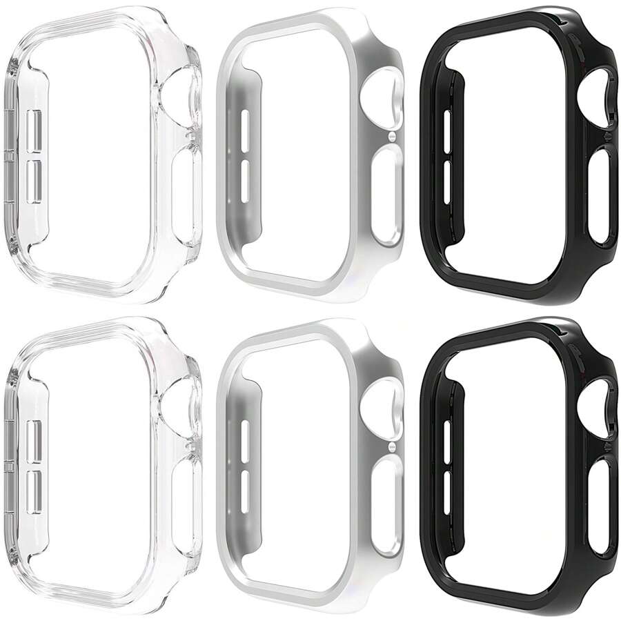 Juego de 6 fundas protectoras serie 10 de 42 mm y 46 mm, compatibles con relojes de la serie 9/8/7 de 41 mm y 45 mm, de policarbonato duro con diseño hueco, fácil de instalar, protección del marco multicolor - Color transparente + color transparente + plata + plata + negro + negro - Ver 1