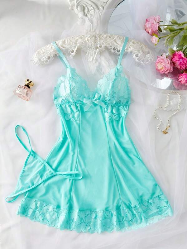2pcs Women Sexy Solid Color Lace Sleepwear Set - V Neck Backless Slip Dress & Thong Panty, Comfortable Nightdress