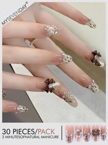 30 Pieces Of Medium Almond Shaped Pressed Fake Nail Patches, Pearl Bow Contrasting Colors Sweet And Cool Japanese And Korean Style Women'S Fingernail Patches, Matched With 1 Piece Of Jelly Glue And 1 Piece Of Rubbing Strip, Suitable For Women'S Parties, Dances, Daily Casual Wear, Detachable And Reusable Nails Nail Supplies Nails