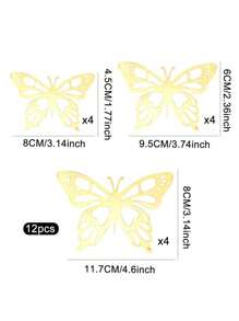 12pcs 3D Golden Butterfly Cake Topper Decorations, Suitable For Birthday, Wedding, Anniversary Party Cake Baking