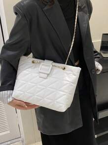 Túi đeo vai xích và khóa kéo chần bông màu trơn thanh lịch, thời trang - trắng - Xem 4