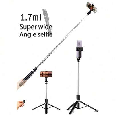 1700mm 无线自拍杆三脚架，可伸缩折叠独脚架，兼容智能手机，稳定适用于直播、Vlog、家庭聚会、圣诞派对、户外活动、采访、度假等。