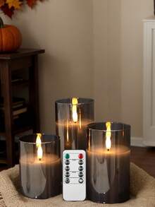 3pcs Battery Operated LED Flameless Candles, Plastic Wax Pillar Candles With Remote Control And Timer, Battery Powered Candles (Grey) - Grey - View 4