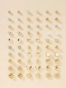 30 Pairs Fashionable Unique Sweet Minimalist Heart Rhinestone Faux Pearl Flower Butterfly Frosted Geometric Pattern Women's Earrings Set, Holiday Gift, Suitable For Daily Wear - Gold - View 1