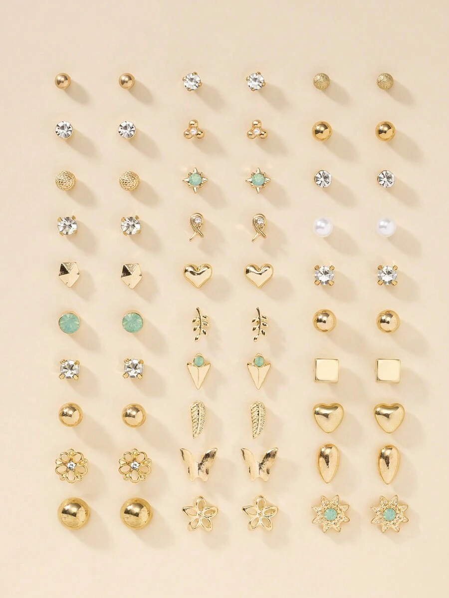 30 Pairs Fashionable Unique Sweet Minimalist Heart Rhinestone Faux Pearl Flower Butterfly Frosted Geometric Pattern Women's Earrings Set, Holiday Gift, Suitable For Daily Wear - Gold - View 1