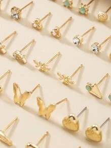 30 Pairs Fashionable Unique Sweet Minimalist Heart Rhinestone Faux Pearl Flower Butterfly Frosted Geometric Pattern Women's Earrings Set, Holiday Gift, Suitable For Daily Wear - Gold - View 5