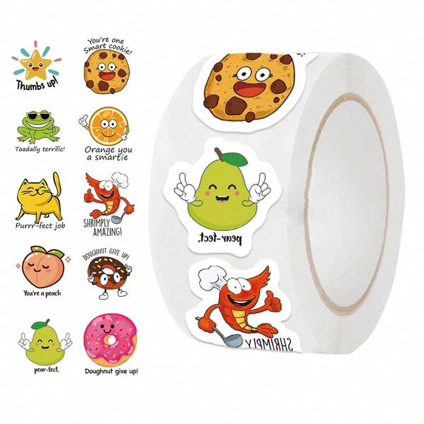 500pcs/Roll Cartoon Animal & Food Decorative Sticker Roll, Suitable For Reward, Journaling, Envelope Sealing, Multi-Purpose,School Supplies,Back To School