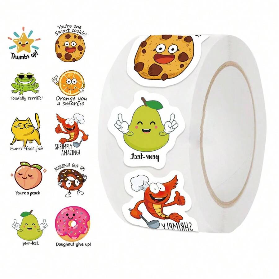 500张/卷卡通动物和食物装饰贴纸卷，适用于奖励、日记、信封封口、多用途、学校用品、返校 - 彩色 - 查看 1