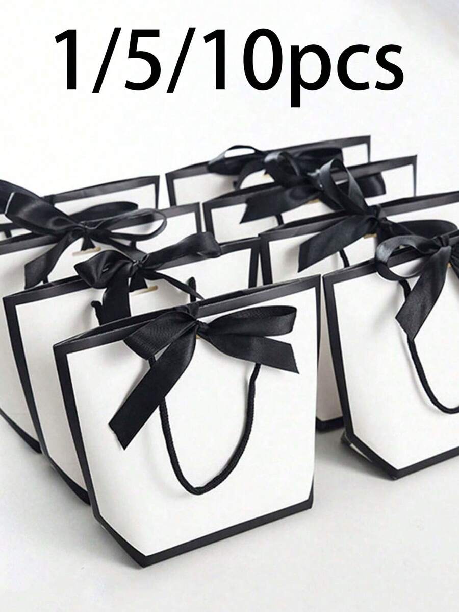 10pcs/5pcs/1pc Gift Bags, Bow Decor Tote Bags, White Large Capacity Paper Bags For Thanksgiving, Birthday Gift Packaging, New Year, Wedding, Simple Solid Color Shopping Bags, Small Business Supplies, Cheapest Items, Christmas Party, Summer Wedding, Back To School, Wedding Season, Outdoor Party, Holiday Party, Jewelry Gift Boxes For Back To School Season