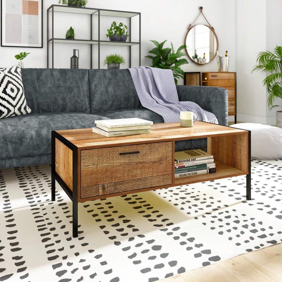Loft & Luv Montana Indoor Wood & Metal Coffee Table, Rustic Raw Wood Look - 1 - View 1