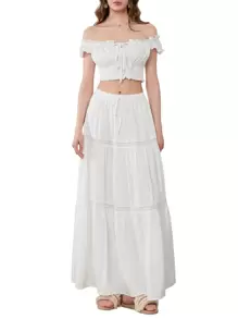 Womens Two Piece Summer Outfits Off Shoulder Frill Trim Crop Tops And Long Skirt Set Beachwear