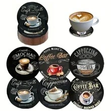 6 piezas Posavasos de madera con estampado de café - Protectores de mesa impresos de colores - Accesorios de cocina antideslizantes - Decoración del hogar - Suministros para fiestas temáticas - Regalos de inauguración de casa/Acción de Gracias para agregar un ambiente acogedor