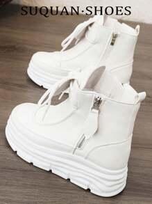 1 Pair Women High-Top Casual Sport Ankle Boots, Korean Fashion Design, 2025 New Leather Short Boots, 5cm Platform Heel - White - View 7