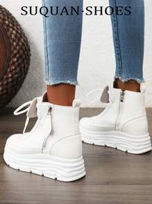 1 Pair Women High-Top Casual Sport Ankle Boots, Korean Fashion Design, 2025 New Leather Short Boots, 5cm Platform Heel - White - View 6