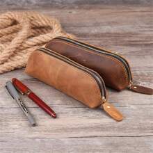 Estuche de Lápices de Cuero Vintage, Simple Porta Papelería, Estuche para Bolígrafos, Bolsa de Almacenamiento con Cremallera, Estuche para Lápices, Caja para Gafas, Suministros Escolares - Marrón claro - Ver 4